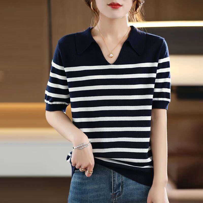 100% pure cotton women's T-shirt summer new striped knitted short sleeved loose Tops POLO collar Tees Lady Blouse 26W0224