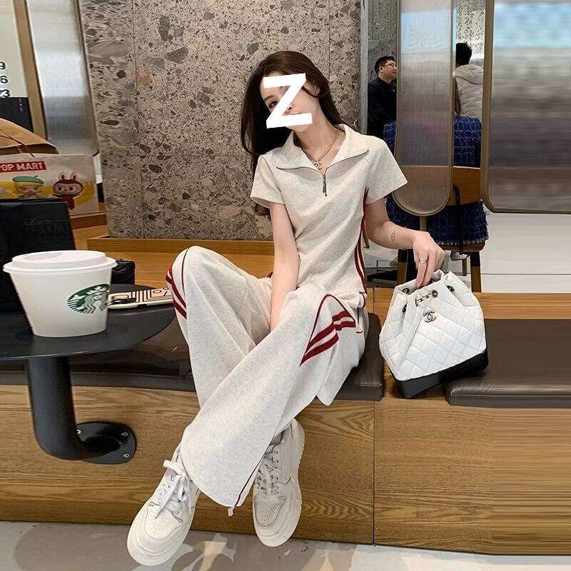 Fashion suit women's summer new Korean style polo collar top casual sports wide leg pants two-piece set new in matching sets
