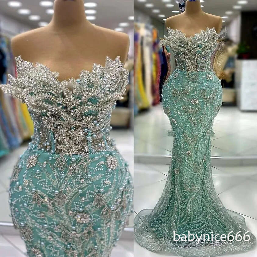Aso Ebi Sage Mermaid Prom Dress Beaded Crystals urious Evening Formal Party Second Reception 50th Birthday Engagement Thanksgiving Gowns Dresses