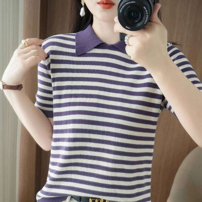 Summer 100% Cotton T-shirt Women's Knitted Short Sleeve Casual Stripe POLO Collar Tees Loose Blouse Basic Versatile Tops Jumper 26W0224