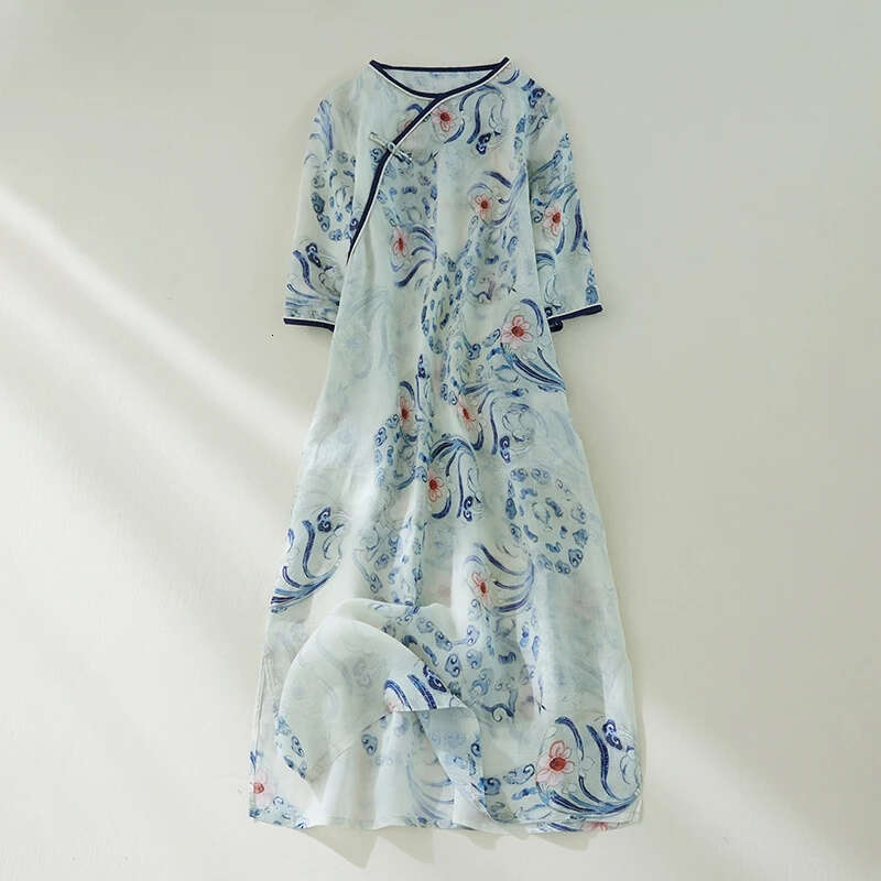 Mardi Hefxessdr Summer Cotton Chinese Style Vintage Print Dresses For Women New Casual Loose Long Dress Femme Robe Vestidos Elegant Clothes