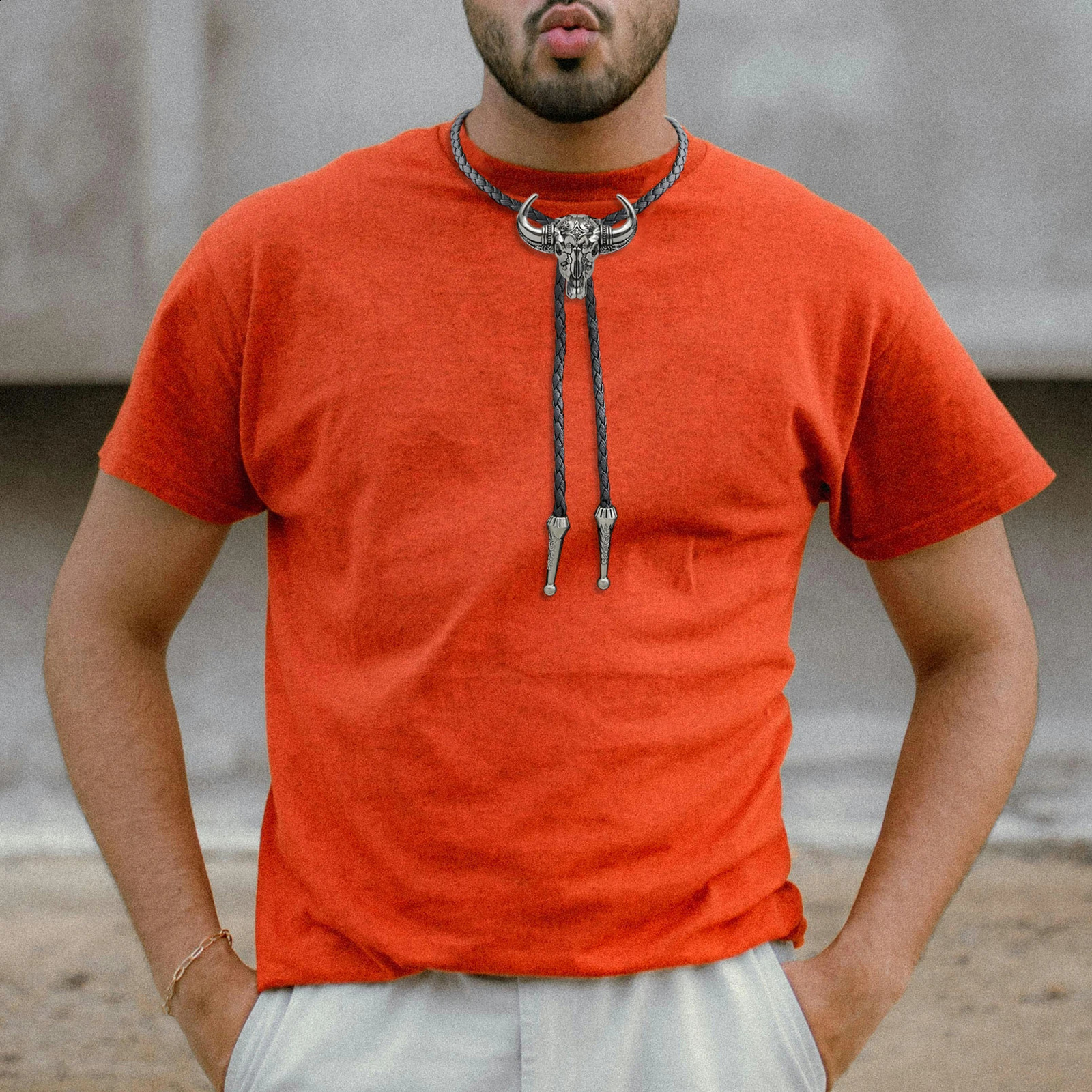 RechicGu Bull Head Pendant Bolo Tie Western Cowboy Necktie for Men Leather Rope Necklace Accessorie Jewelry Gifts 260120