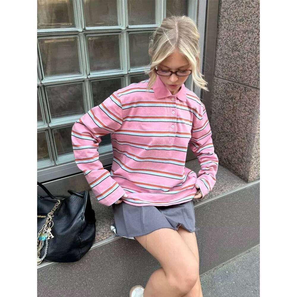 Bornladies Spring Summer New Women's Retro Striped Polo Collar Oversized Long Sleeve T - Shirt Trendy Casual Loose Basic Top 26W0224