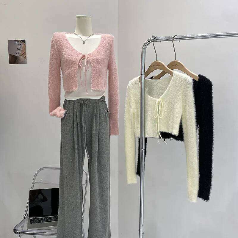 2026 New Autumn Women V-neck Long Sleeve Knitted Sweaters Bow Lace Up Solid Color Slim Short Casual Cardigans Tops 26L0224