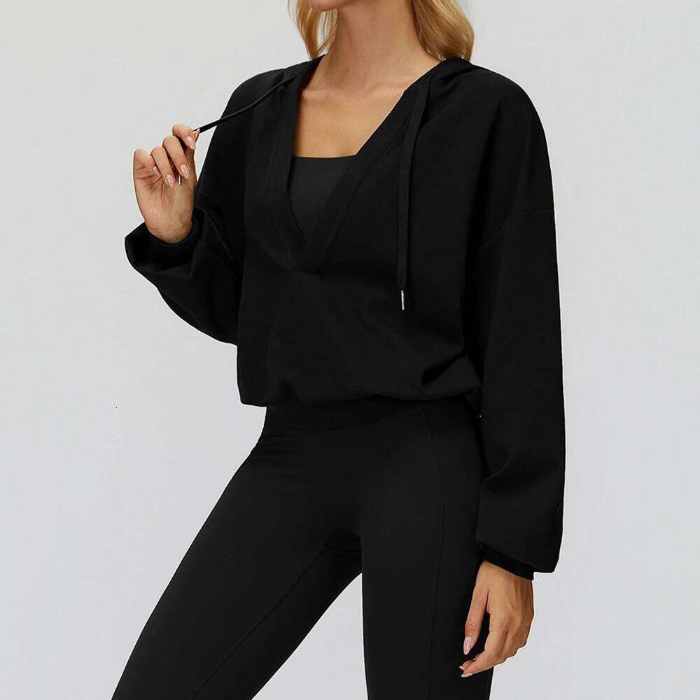 New Female Yoga Long Sleeve Top Hooded With Large V-neck Loose And Comfortable Outerwear Outdoor Running Sports 26Y0224