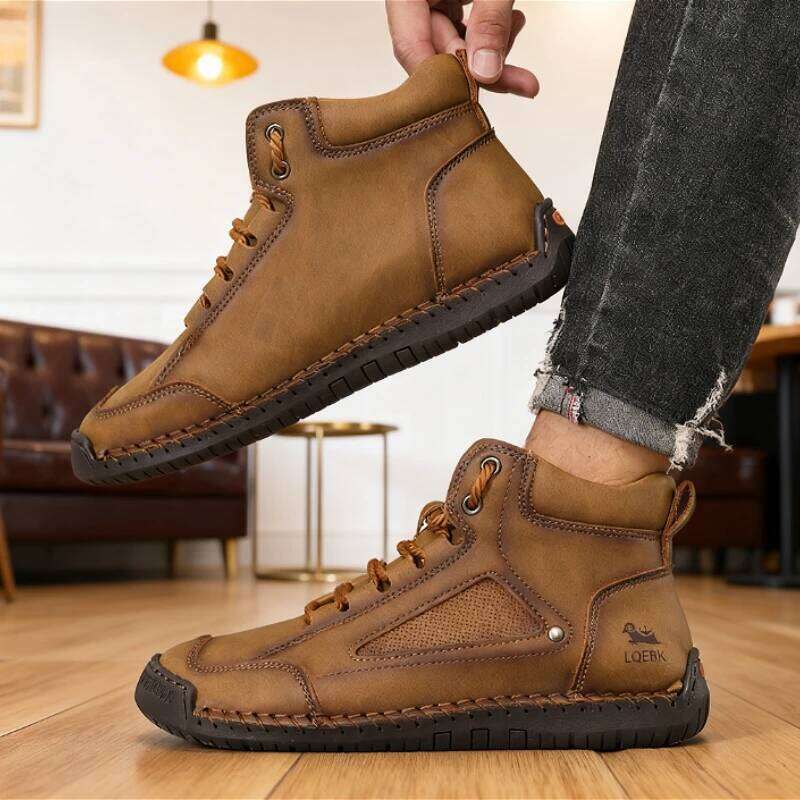 Men Fashion High Top Sneakers Beige Retro Track Style 2025 Breath Mixed Leather Ankle Boots Non Slip Comfort Casual Shoes Women