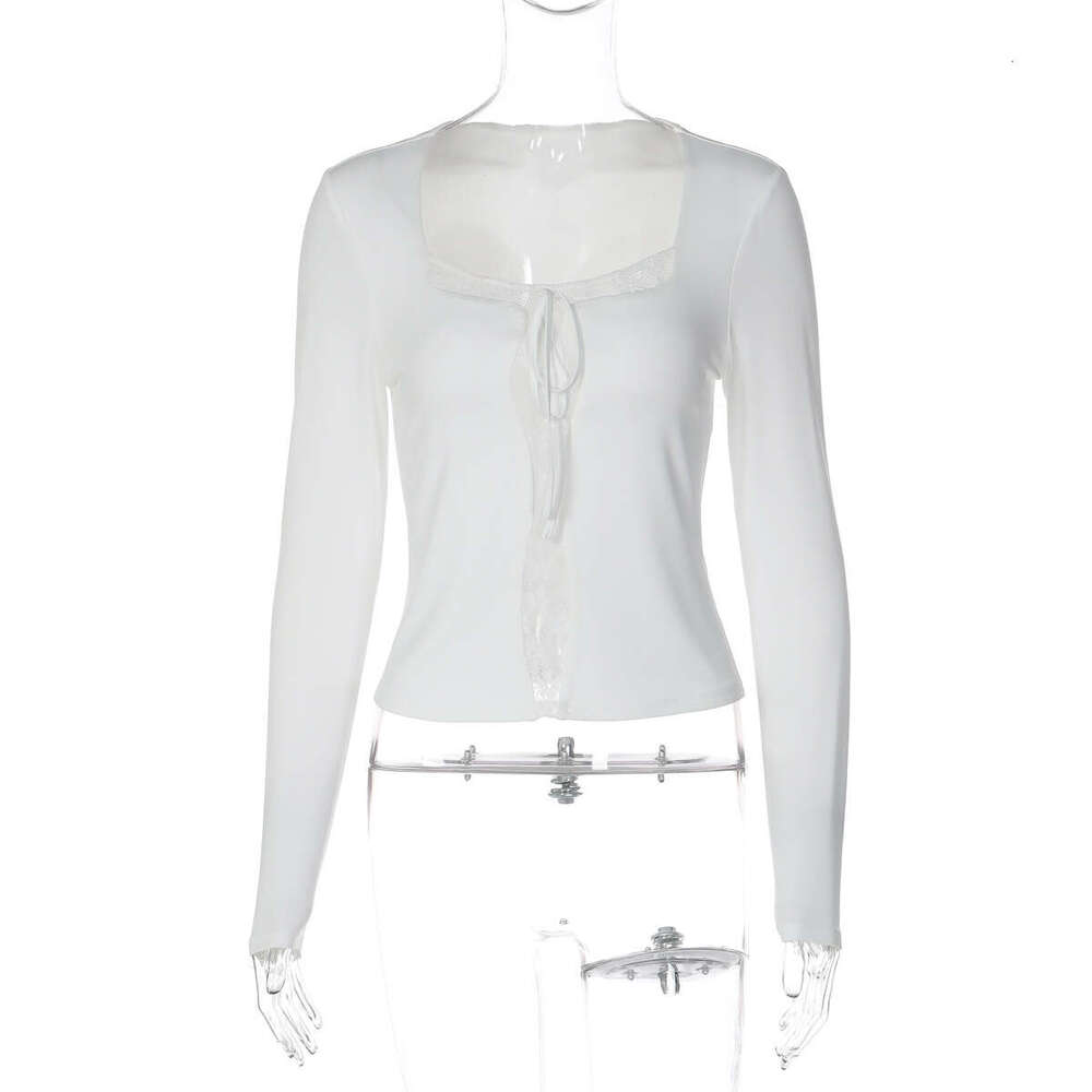 Pure Desire Style Lace Trim Patchwork Square Neck T-Shirt for Women 2025 Autumn New Fashion Slim Fit Versatile Base Shirt Wholesale