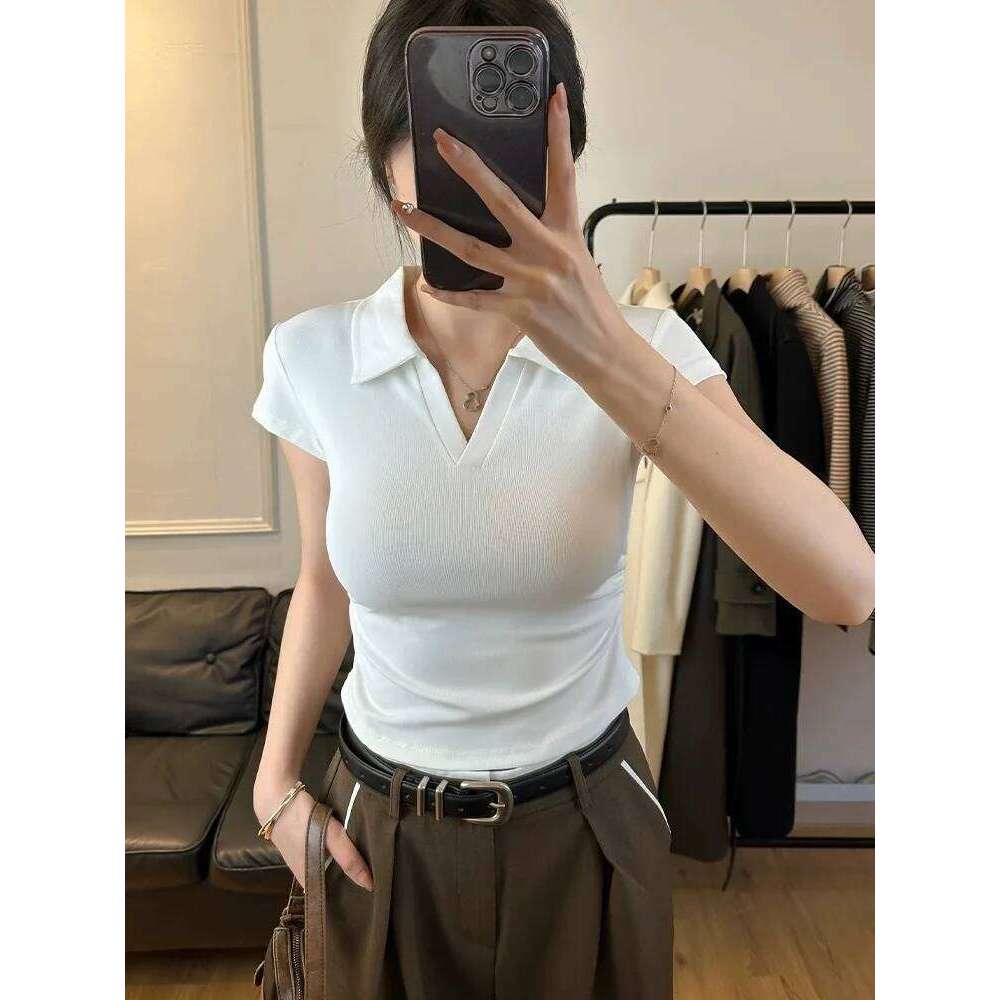 GBG Cotton Summer Sexy Women's T Shirt Skinny Slim Basic Solid Crop Short Sleeve Polo TShirtCasual Top Tee for Women 26W0224