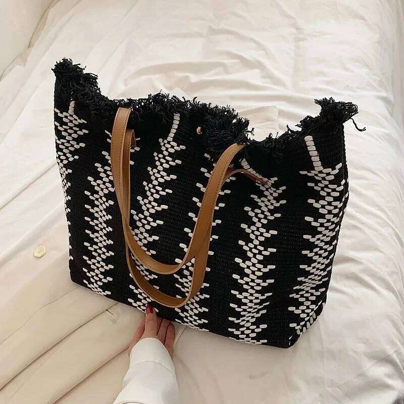 Casual Travel Stripe Design Shoulder New Tassel Handbags Woven Canvas Women's Large Capacity Tote Bag Z260224