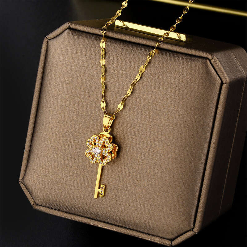 Lucky Turn Of The Wheel Rotatable Key Titanium Steel Necklace Non-Fading Micro-Inlaid Zircon Fashionable Internet Celebrity Clavicle Chain For Women