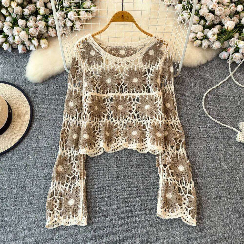 Daisy Crochet Sweater Long Sleeve Sheer Open-knit Crop Knit Top Pullover for Women Teen-girl Fall Winter Boho Beach Outfit 26L0224