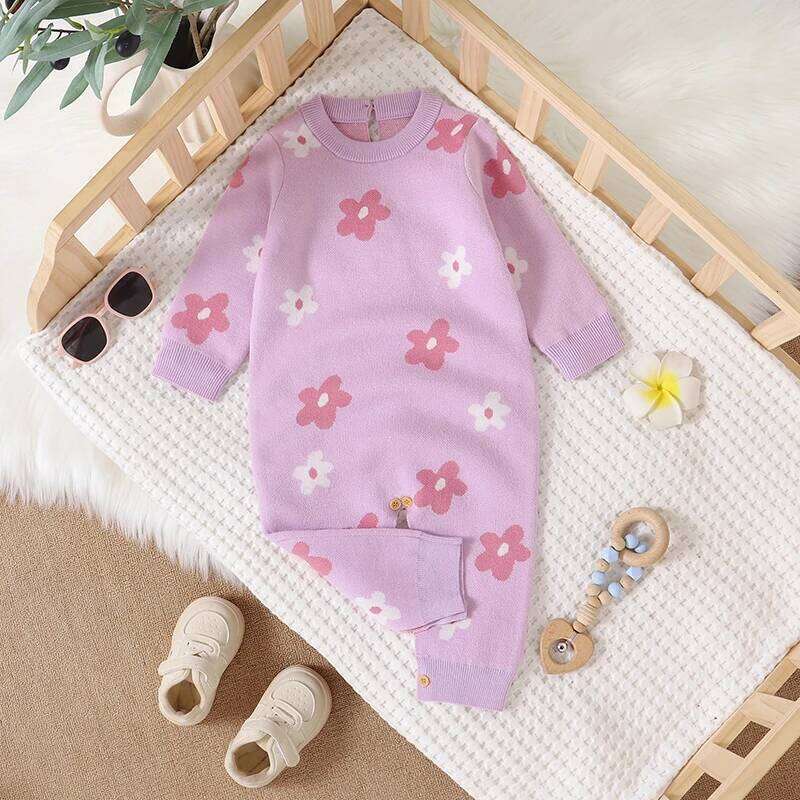 Purple Baby Girls Rompers Floral Knit Newborn Crew Neck Long Sleeve Jumpsuits Infant & Toddler Playsuits 0-18m Clothes 26H0224