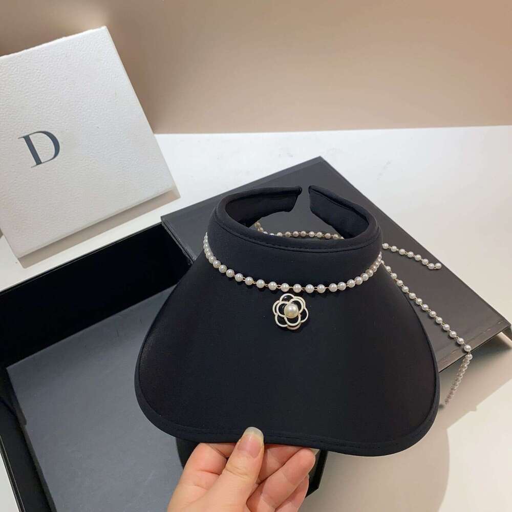 Solid-color pearl open-brim hat Tea flower decoration Suitable for shopping and garden parties