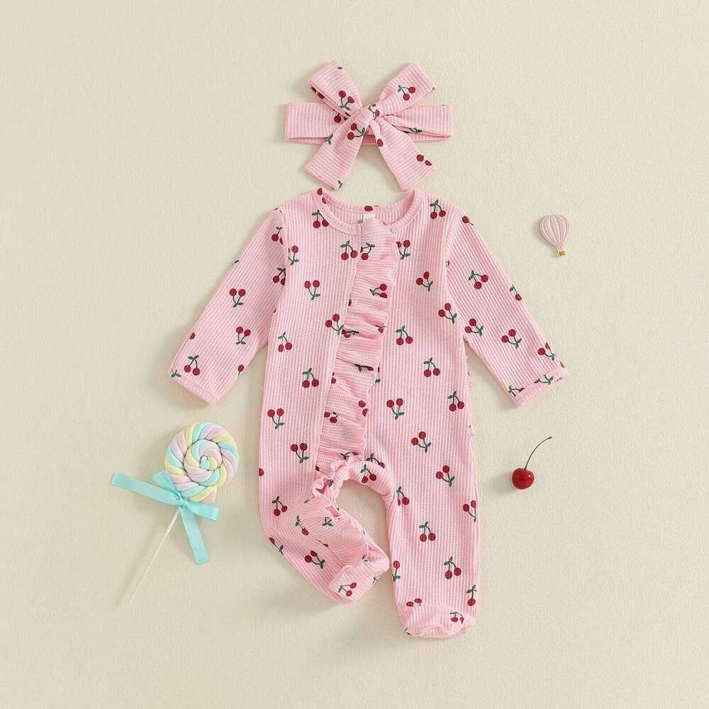Newborn Baby Girl Fall Romper Cherry Print Long Sleeve Zip Up Round Neck Ruffled Footed Jumpsuit with Headband 26H0224