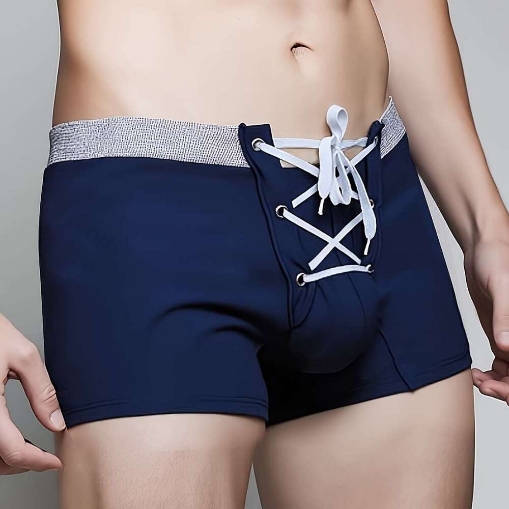 2026 New Sexy Men's Drawstring Cross Tie Fashion Simple Personality Boxer Beach Swim Trunks In Stock