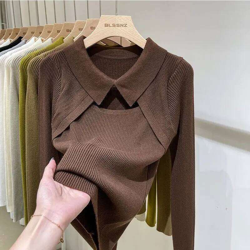 Women Clothing Fashion Polo Collar Hollow Out Knit Pullover Autumn Elegant Sexy Solid Patchwork Sweater Chic Y2K Long Sleeve Top 26W0224