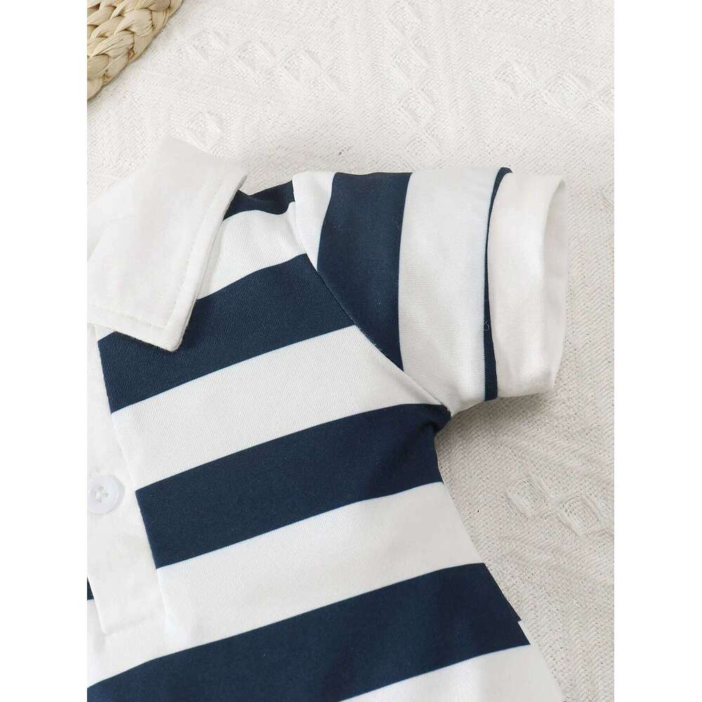 Summer Baby Boy 2pcs Cute Casual Solid Color And Striped Collared Short Sleeve Romper With Button Closure 26Y0224
