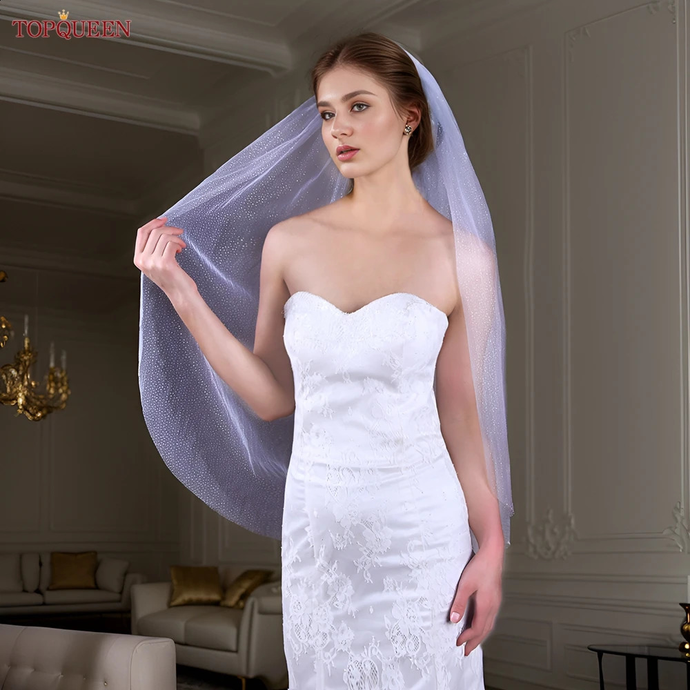 Topqueen V101 Sparking Bridal Veils Long Golden Bride Wedding Veil Cathedral Champagne Colored Yarn with Sequins Royal 260208