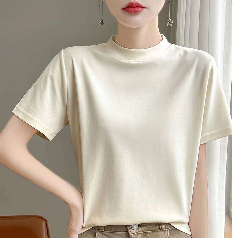 Spring and Autumn New Semi-high-necked Cotton Short-sleeved Women's Stand-up T-shirt Joker Loose Sleeve Top Slim Bottom 26Y0224