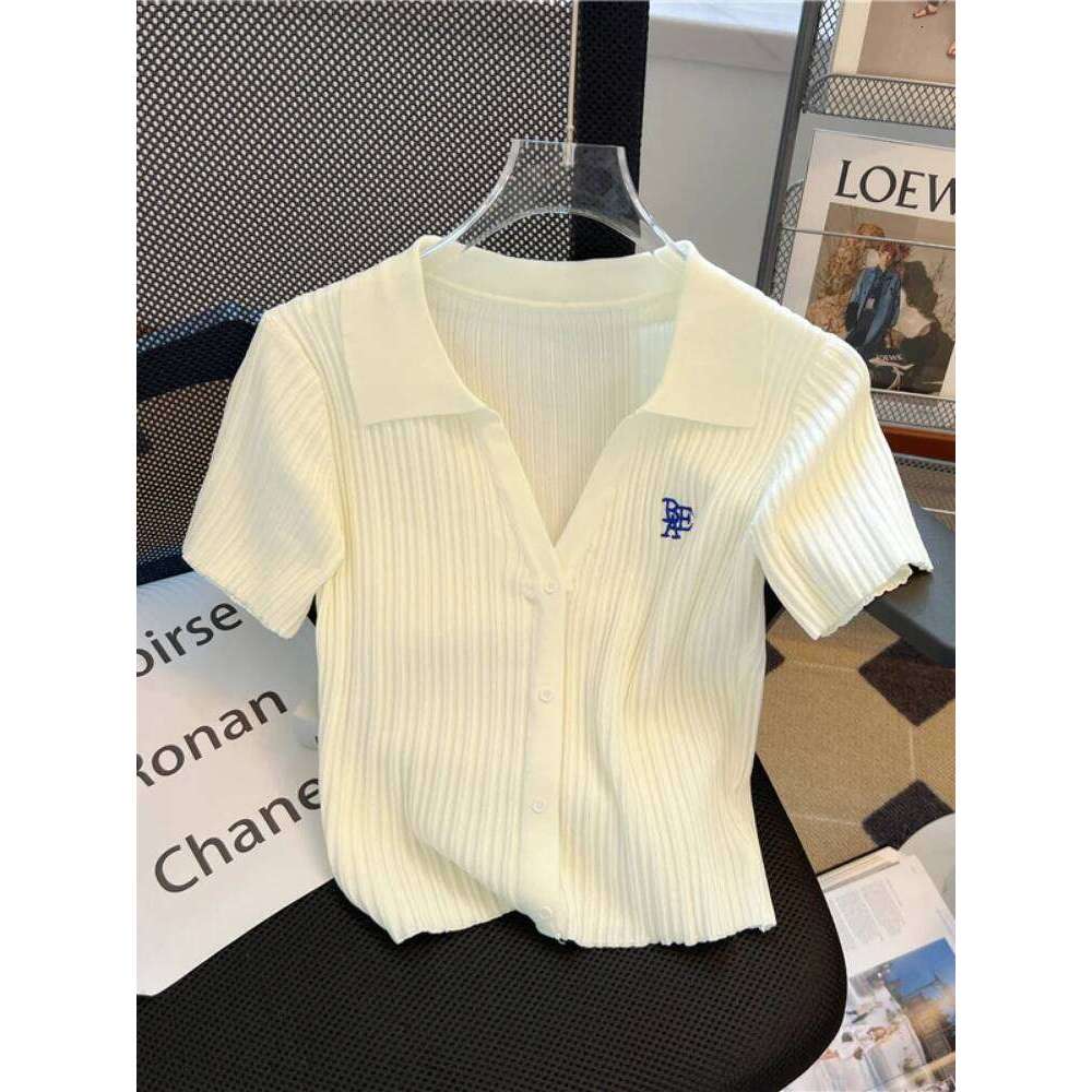 Summer Yellow Knitted Polo Shirt Women's 2024 New French V-Neck Letters High Waist Slim-Fit Ice Silk Top Short-Sleeved T-Shirt 26W0224