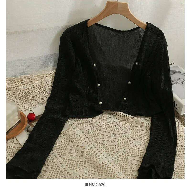 Button Front Crop Women Cardigan Sheer Knit Top Lightweight Bolero Sweater Summer Fairycore Beach Cover Up Blouse Outfit 26L0224