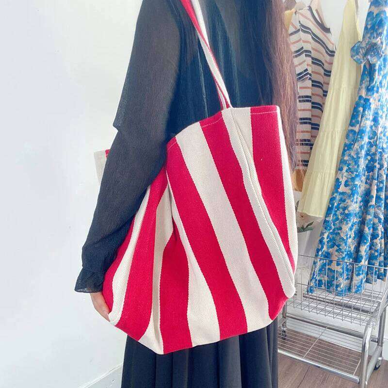 Large Capacity Canvas Top Handle Women's Summer Stripe Simple Ladies Casual Handbag Outdoor Shoulder Bag Z260224