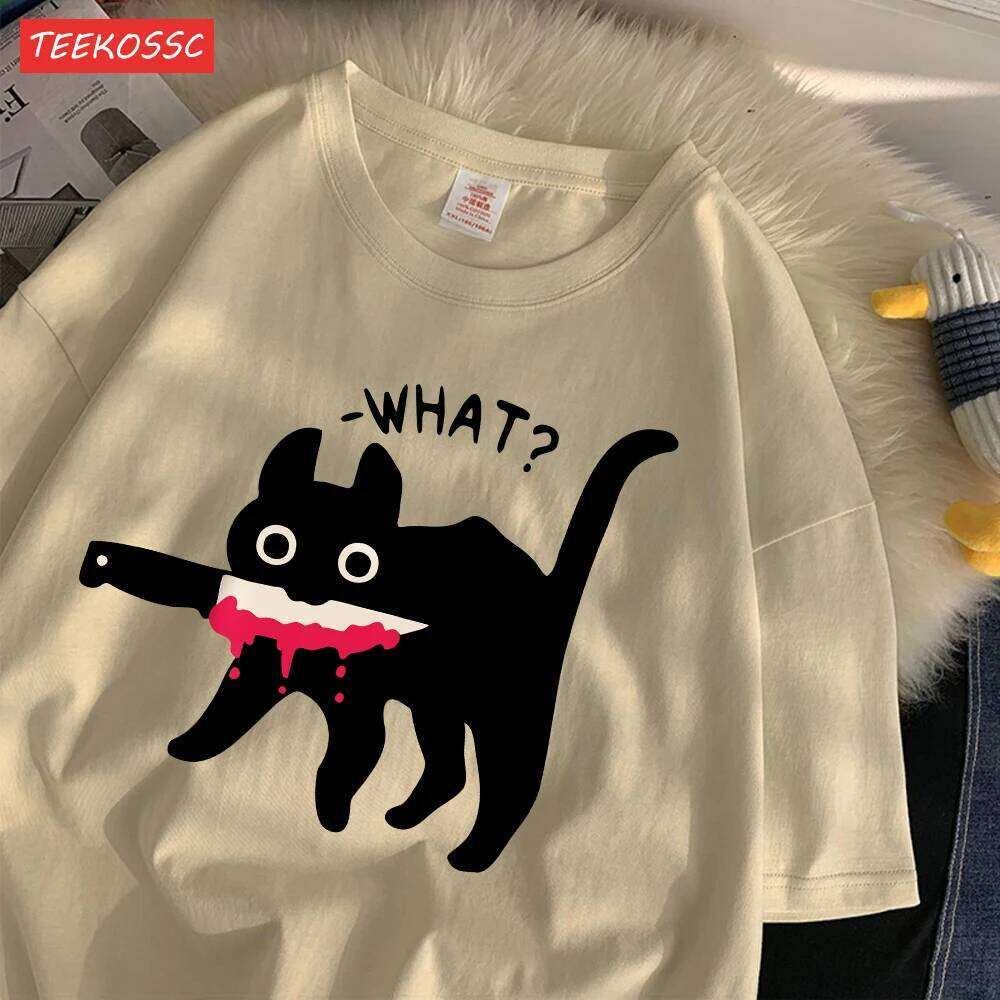Summer Cotton Women'S T-Shirts Surprised Black Cat Printing Streetwear Breathable Oversize O-Neck Casual Street Female Clothes H260224