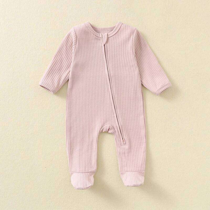 Baby Romper Long Sleeve Footed Cotton Zipper Front Outfit Spring Fall Newborn Unisex Ribbed Knitted Jumpsuit Pajamas Solid 26Y0224