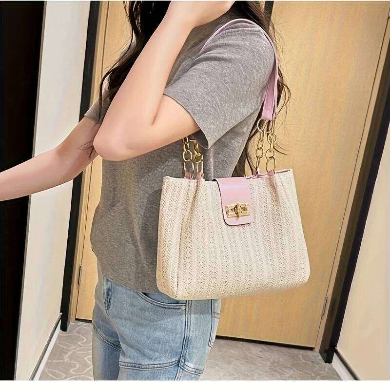 Elegant Women's Fabric Shoulder Bag with Adjustable Chain Strap Front Flap Button Closure Professional Use, Woven Handbag Z260224