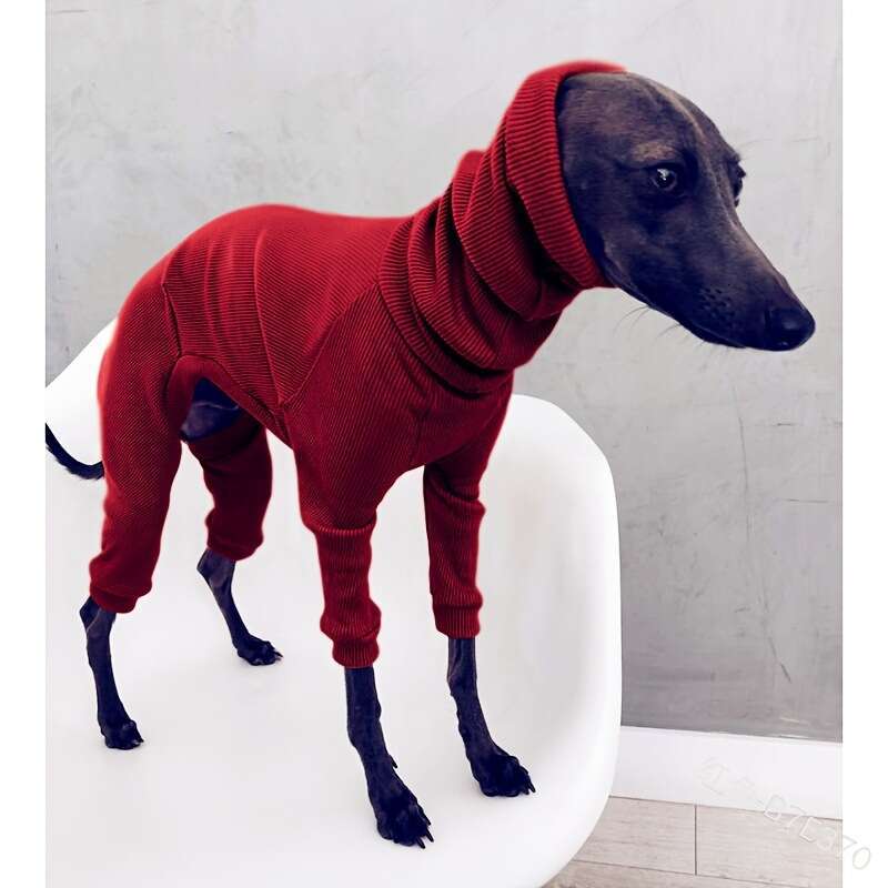 Cross border European American foreign trade solid color autumn and winter fashion pet four legged outfit with high collar slim fit ribbed warm dog pu