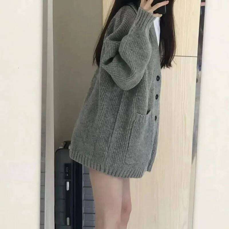 Mardi Hefxessdr Korean Collee Style Sinle Breasted Cardians Loose and Lazy V nec Bi Pocet Knitted Cardian Women s Popular Coat Sweater