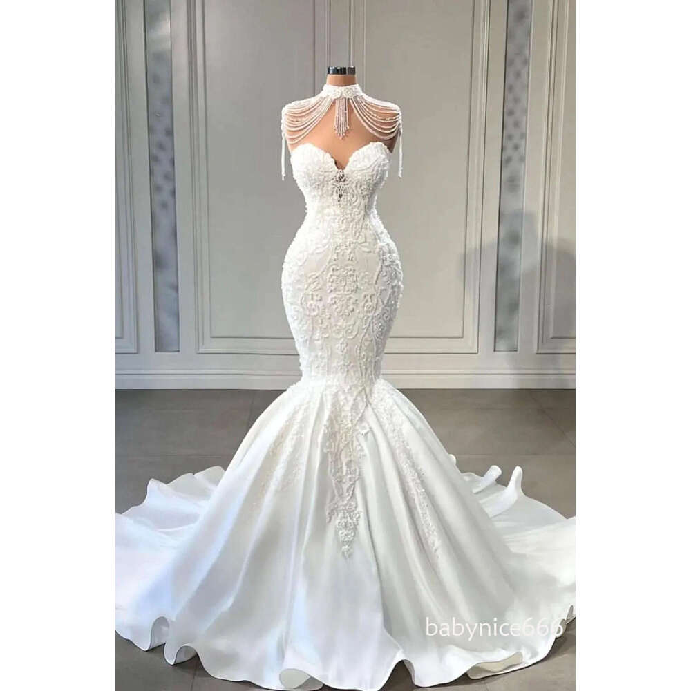 High Neck Mermaid Wedding Dresses Princess Lace Crystal Luxury Satin Elegant Appliques Sleeveless Bridal Gowns Robe De Mariage BC12581