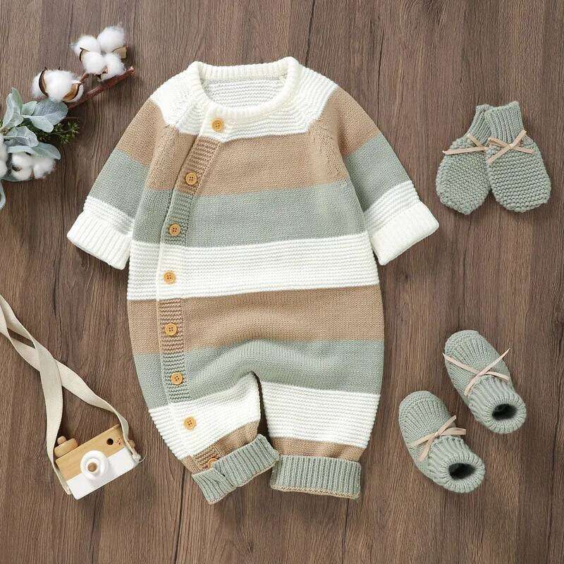 0 to 18 Months Baby Girl Boy Sweater Romper Autumn Winter Clothes Striped Crew Neck Long Sleeve Full Length Jumpsuit 26H0224