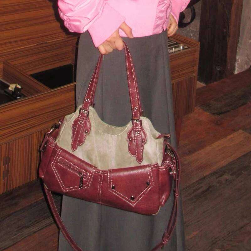 Moto & Biker Bags For Women Luxury Handbags Purses 2024 New Canvas With PU Rivet Top Handle Y2K Small Underarm Shoulder Z260224