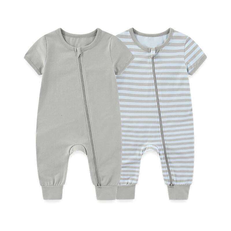 Kiddiezoom 2 Pcs/Lot Unisex Solid Short Sleeve Zipper Baby Boy Girl Romper Cotton Soft Newborn Jumpsuits Clothing 26Y0224
