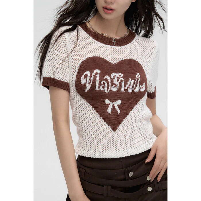 American-Style Y2k Hollow-Out Heart-Shaped Knit Top, Short-Sleeved, Sexy, Slim-Fit, Niche, High-End Feel Top
