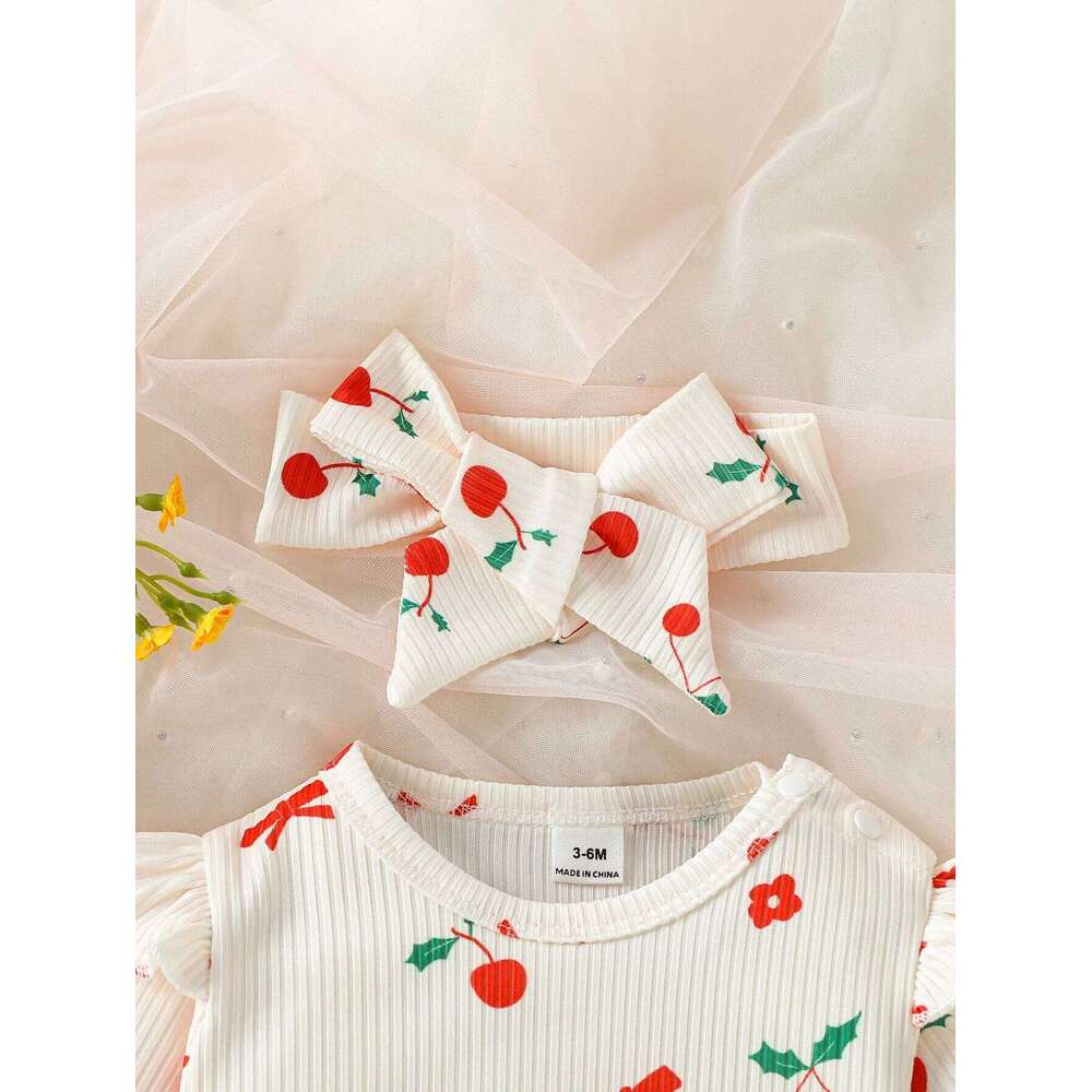 Cute Baby Girls Rompers Long Sleeve Outwear Newborn InfantPrint Cherry Jumpsuits Two Pieces Spring Autumn For 0-1Y 26H0224