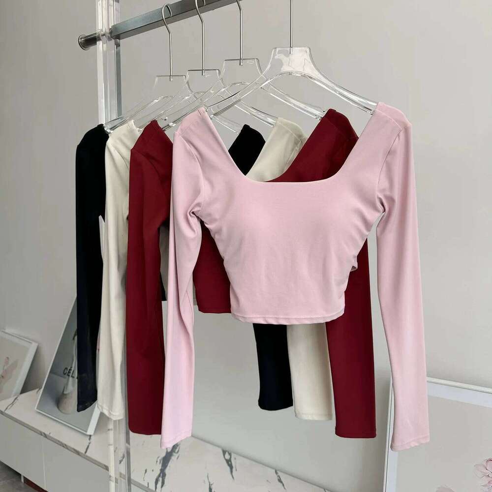 Sexy Short less Fixed Chest Pad Sports T-shirt Women's Tight Long Sleeves Quick Drying Slimming Yoga Suit Top Gym Clothing 26Y0224