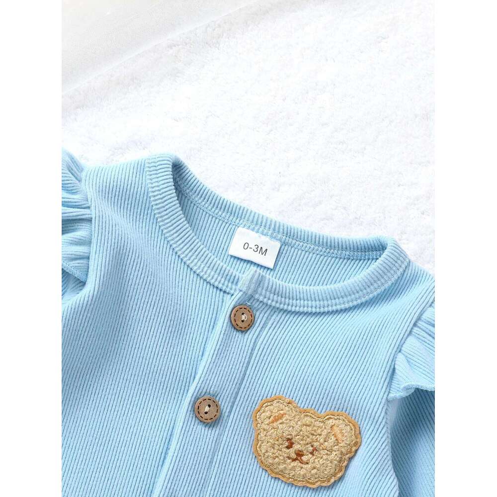 Infant Boy Autumn Ruffle Long Sleeve Cute Bear Applique Ribbed Bodysuit And Headband Two Piece Set 26H0224