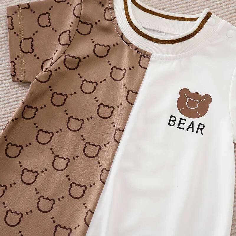 Newborn Clothes Cute Patchwork Teddy Bear Comfortable Soft Summer Boys And Girls 0-18 Short Sleeved Baby Jumpsuit 26Y0224