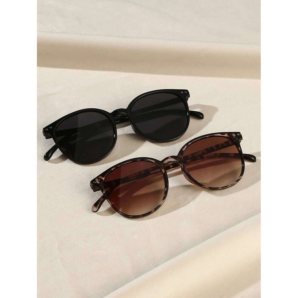 2Pcs Women's Fashionable Round Frame Chic Black, Tortoiseshell Combination Glasses Daily Wear Holiday Gifts 26W0224