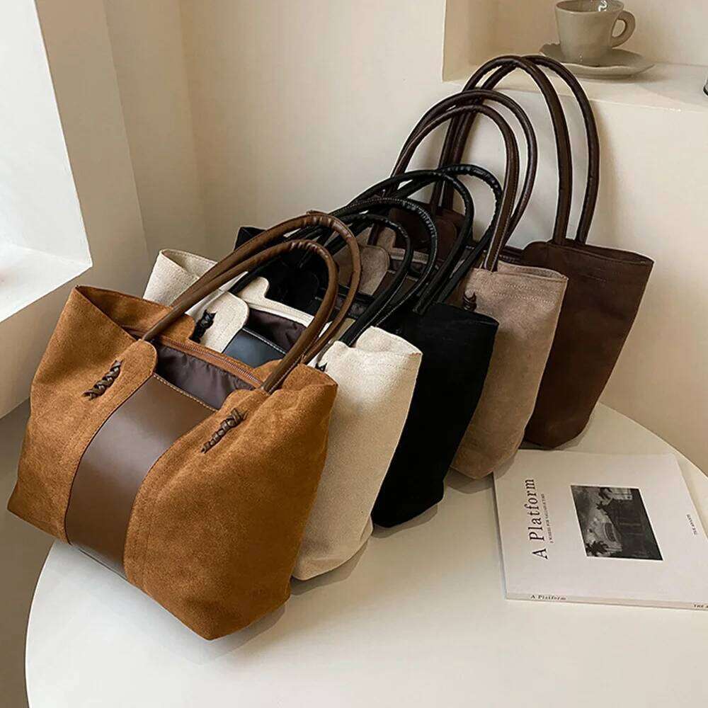 Suede Surface Handbag For Women's, Korean Fashion Leisure Commuting Handbag, Vintage Color Collision Splicing Tote Bag Z260224