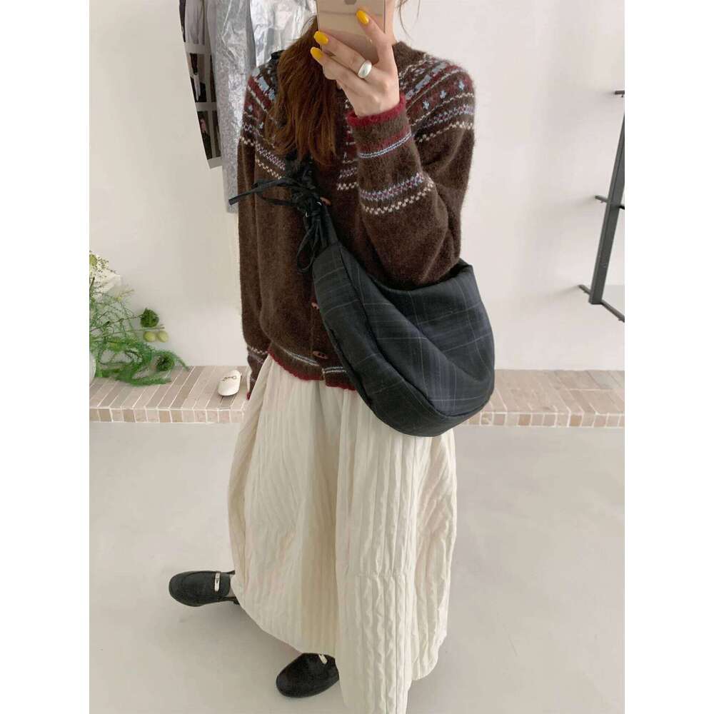 Vintage Plaid Women's Shoulder Crossbody Bags Large Capacity Ladies Pleated Underarm Bag Retro Girls Drawstring Tote Handbags Z260224