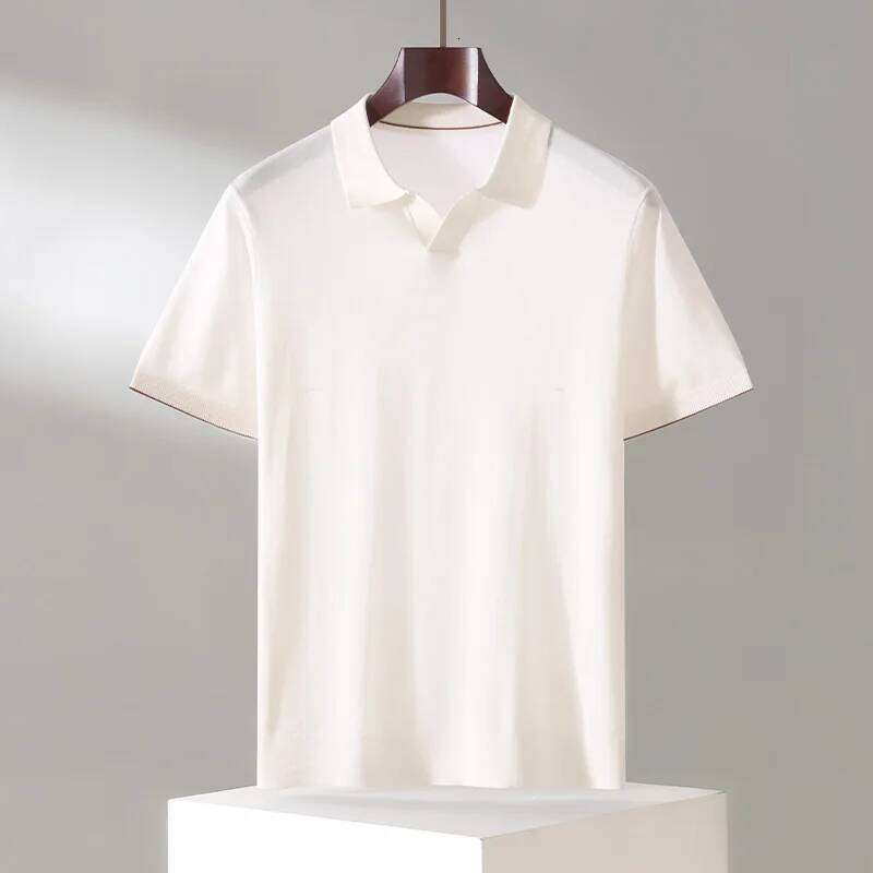 Men's 100% Lyocell Casual Solid Color Knitted Pullover T-Shirt Short Sleeve Loose POLO Collar Top Pull on Vest 26W0224