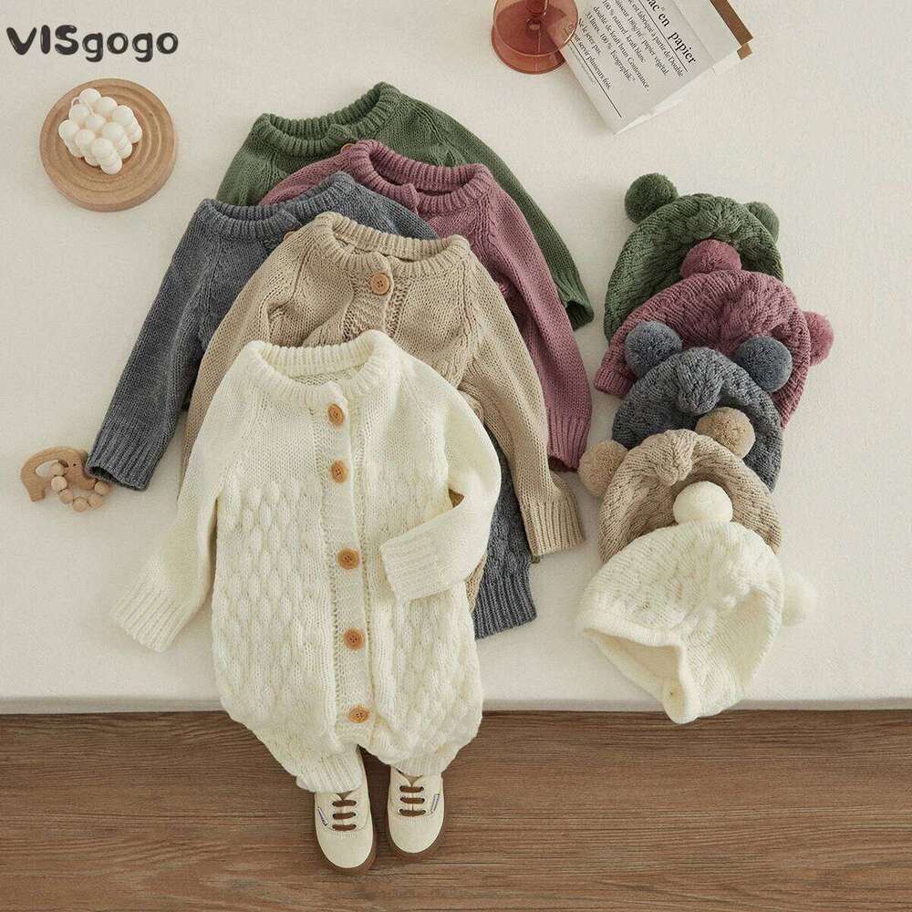 VISgogo Baby 2PCS Winter Jumpsuit Outfits Infant Boys Girls Clothes Long Sleeve Solid Color Knitted Romper + Bear Hat Set 26Y0224