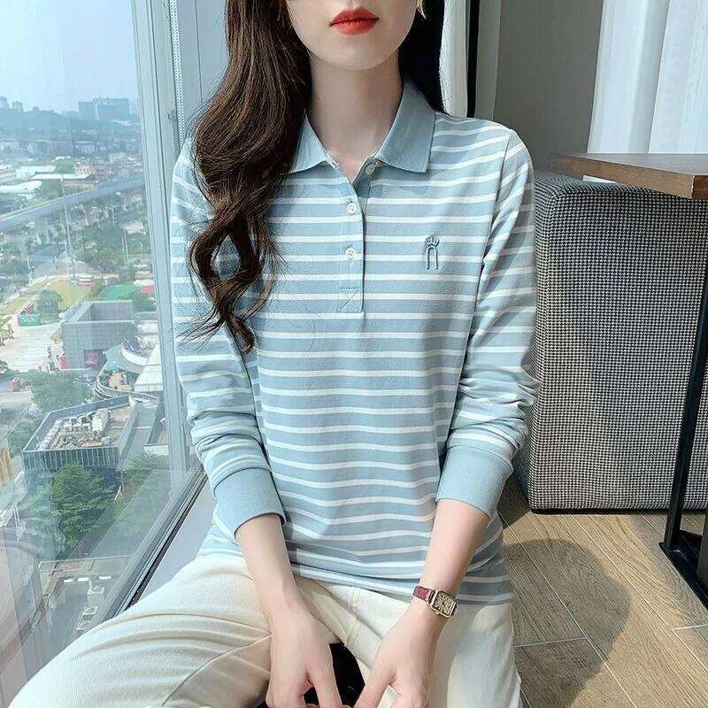 Womens Striped Polo Shirt 100% Cotton Long Sleeve Slim Fit Lightweight Top Autumn Elegant Collar Casual Versatile New Arrival 26W0224