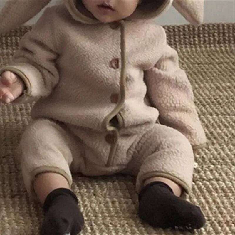 Autumn Winter Girl Baby Fleece Cute Rabbit Ears Cardigan Romper Boy Infant Solid Plus Velvet Warm One-piece Kid Casual Jumpsuit 26H0224