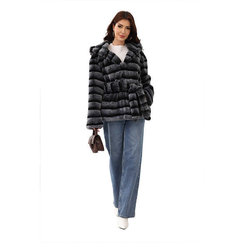 Fashionable Belted Hooded Faux Fur Coat for Women - New Winter Style Versatile Women's Clothing