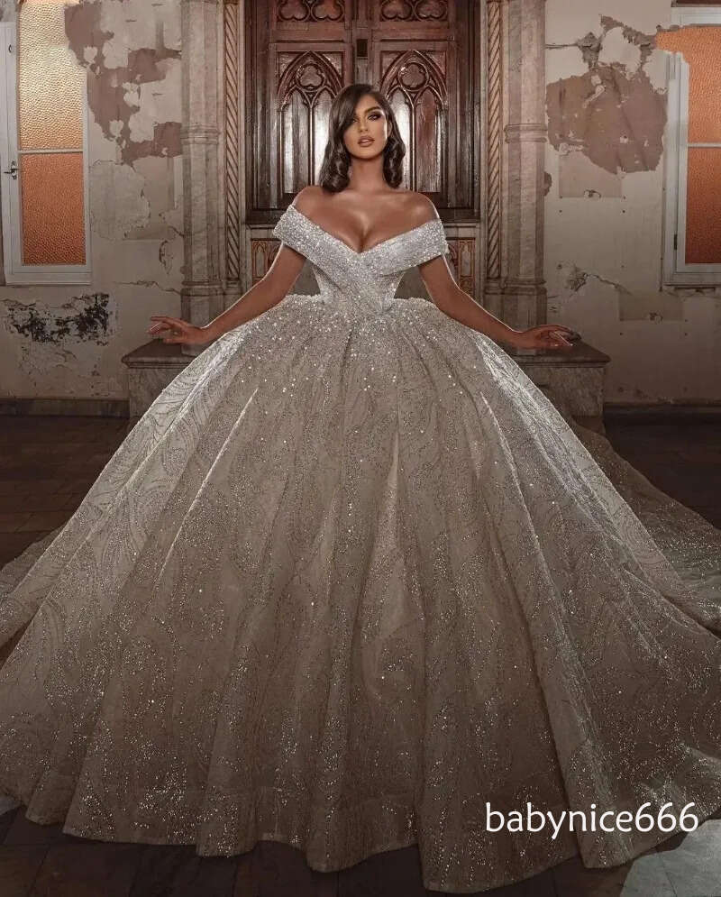 Princess Ball Gown Wedding Dresses Sequins Beading Lace Off The Shoulder Bridal Gowns Long Robe De Mariee Saudi Arabic Plus Size