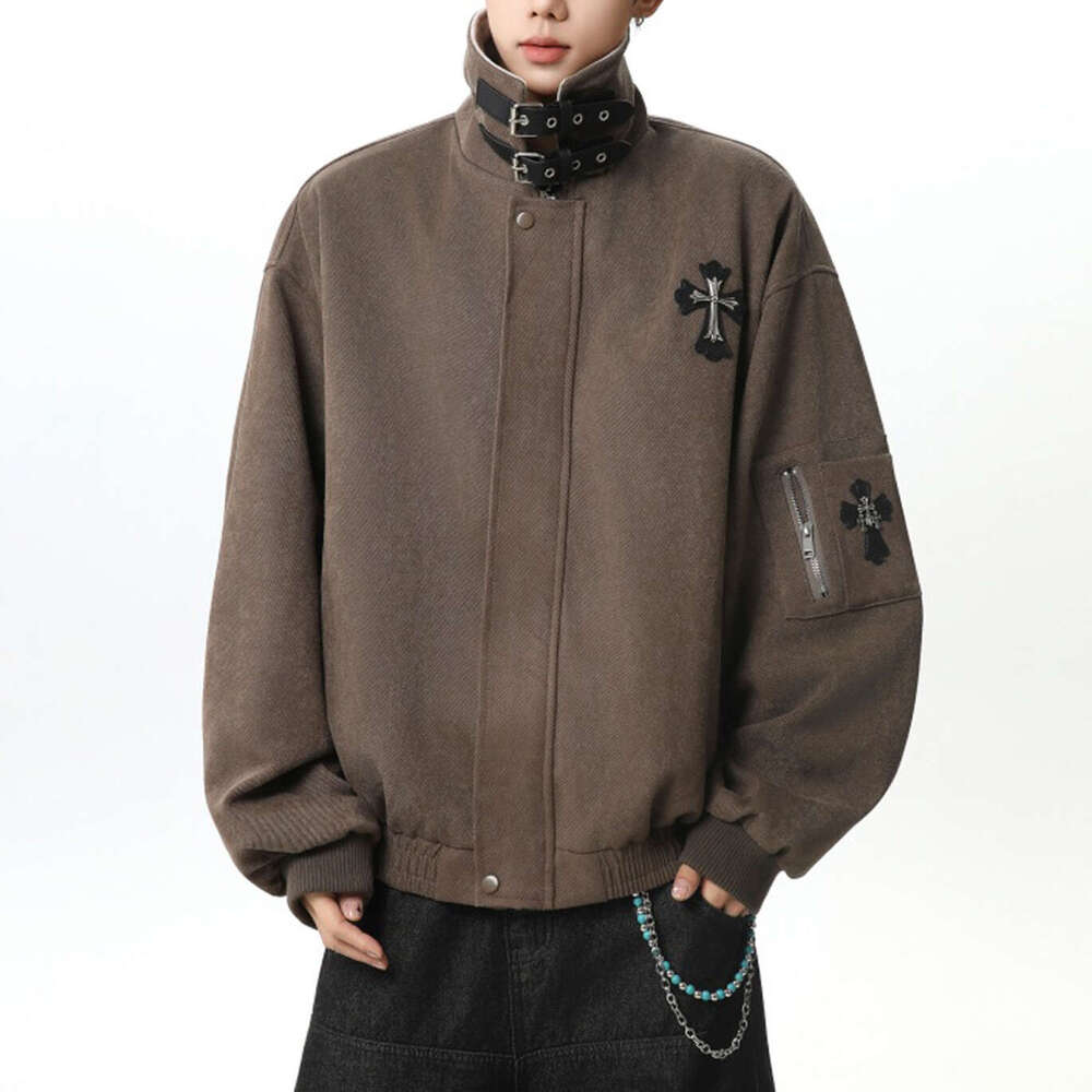 American-Style Cross-Stitch Embroidered Lapel Jacket For Men, Spring High-Street Loose-Fit Design Coat, Trendy Brand, Stylish Short Top